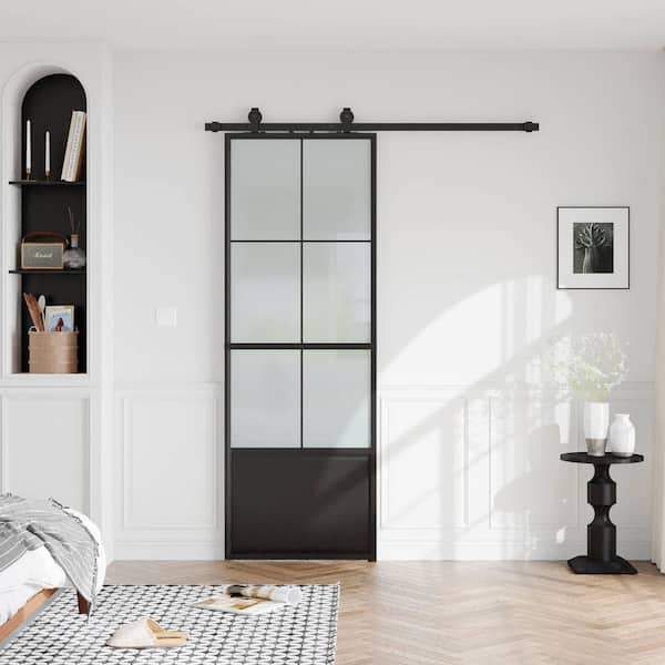 32 in. x 84 in. 3/4 Lites Frosted Glass Black Steel Frame Interior Barn Door with Sliding Hardware Kit