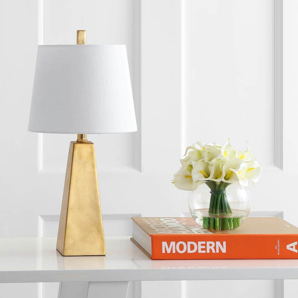 Gold Resin Pyramid Table Lamp with White Cotton Shade
