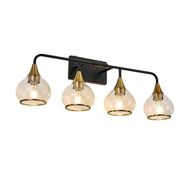 31 in. 4-Light Black Vanity Light with Gold Light Fixture and Clear Glass Shade