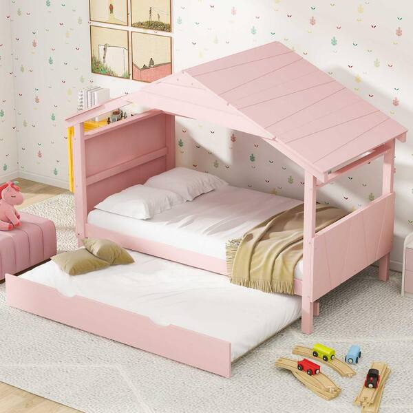 Harper & Bright Designs Pink Wood Twin Size House Platform Bed with Twin Size Trundle and Storage Shelf