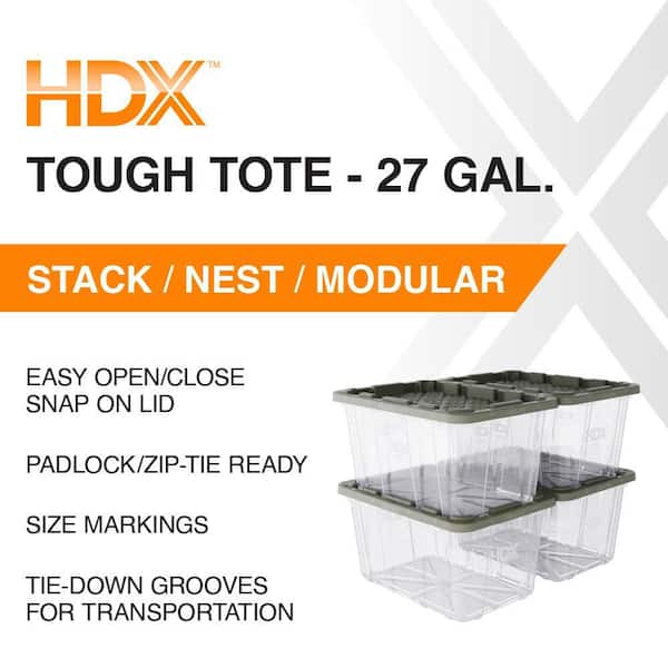 27 gal. Clear Tough Tote with Army Green Lid-4 Pack