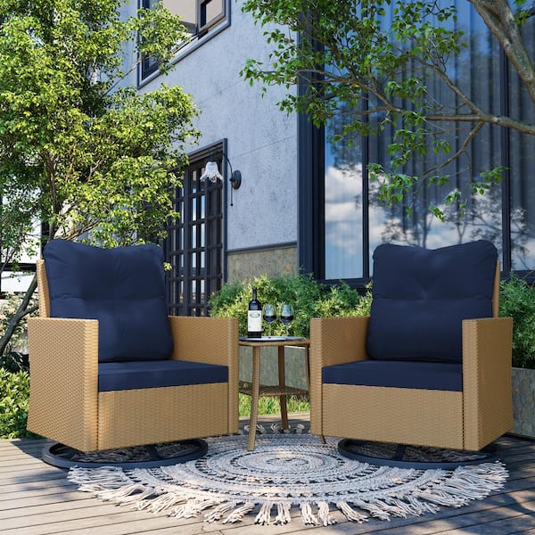 UPHA 3-Piece Wicker Outdoor Rocking Chair Patio Swivel Chair with Navy Blue Cushions and Side Table
