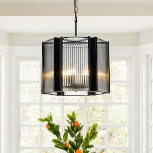 6-Light 16.5 in. W Black Contemporary And Modern Iron Round Lantern Drum Chandelier with Clear Fluted Glass Panels Shade
