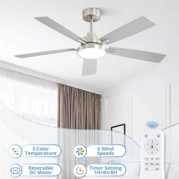 52 in. indoor Nickel Powerful LED Downrod Mount Silent 6 Wind Speeds Modern Ceiling Fan with Lights and Remote Control