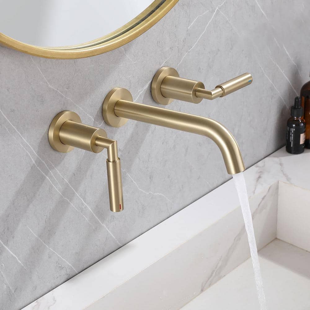 Brushed Gold Wall-Mounted Dual Handle Bathroom Faucet