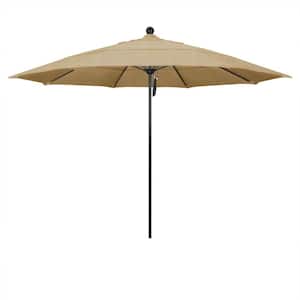 11 ft. Black Aluminum Commercial Market Patio Umbrella with Fiberglass Ribs and Pulley Lift in Linen Sesame Sunbrella