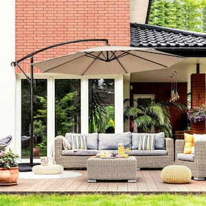 10 ft. Iron Cantilever Tilt Patio Umbrella in Beige with Stand