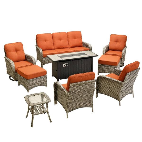 Beverly 9-Piece Wicker Patio Conversation Sofa Swivel Chairs Set with Metal Fire Pit Table and Orange Red Cushions