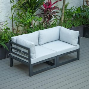 Chelsea Modern Black 2-Piece Aluminum Outdoor Patio Sectional Loveseat with Light Grey Cushions