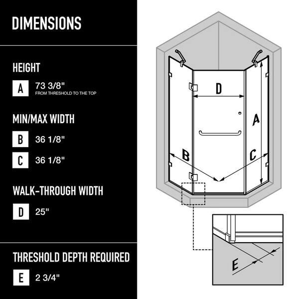 Piedmont 36.125 in. x 73.375 in. Frameless Neo-Angle Hinged Corner Shower Enclosure in Brushed Nickel with Clear Glass Piedmont 36.125 in. x 73.375 in. Frameless Neo-Angle Hinged Corner Shower Enclosure in Brushed Nickel with Clear Glass