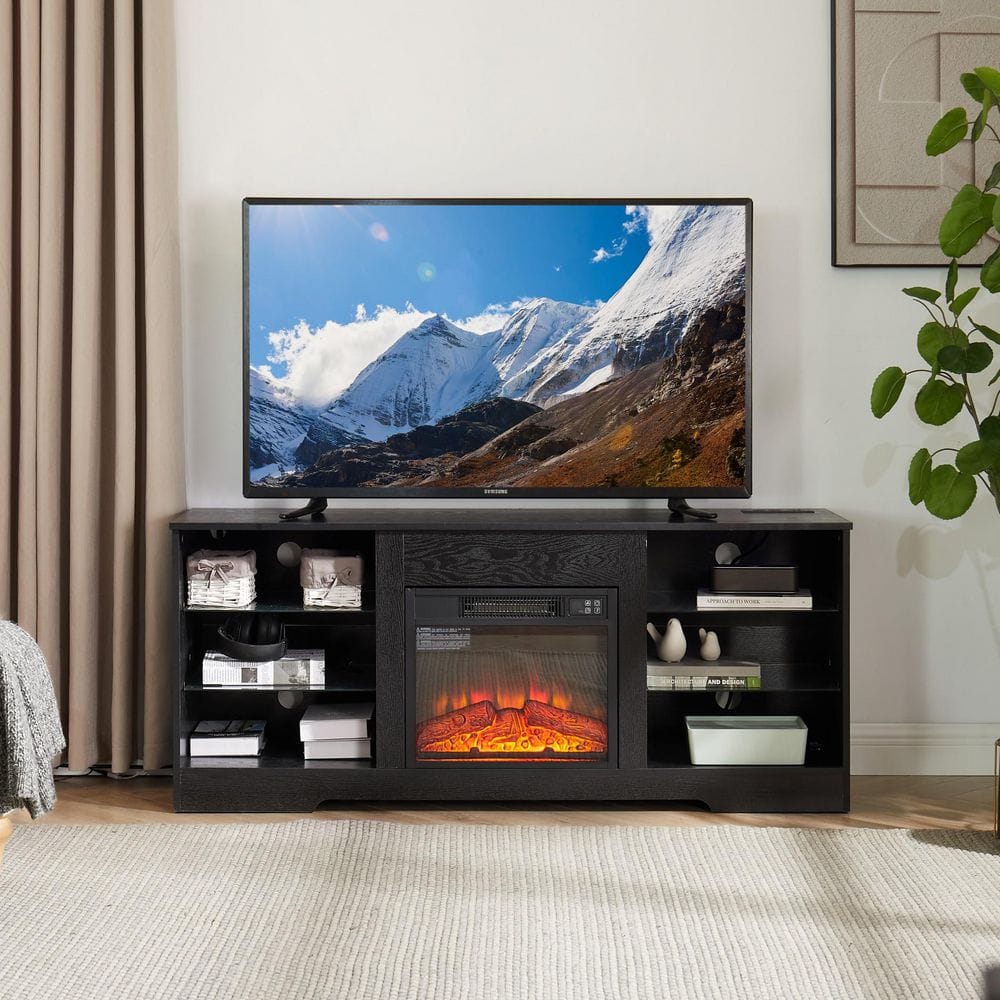 57.87 in. Black TV Stand Fits TVs up to 62 in. with Cable Management