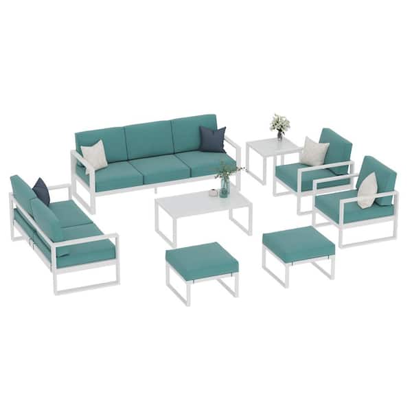 SUNVIVI 8-Piece Aluminum Patio Conversation Set with Turquoise Cushions