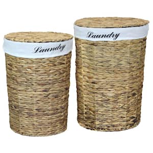 Natural Water Hyacinth Wicker Round Laundry Hamper with Removable Linen Liner and Lid, Set of 2