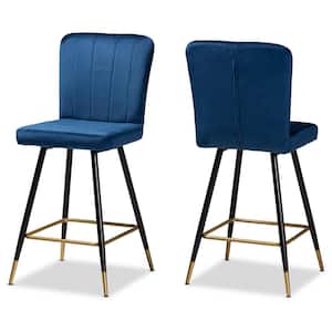 Preston 42.1 in. Navy Blue and Gold Low Back Metal Counter Height Bar Stool (Set of 2)