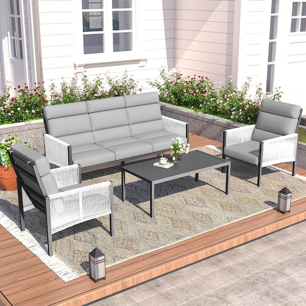 AECOJOY 4-Pieces Outdoor Aluminum Patio Sectional Furniture Set with Coffee Table and Cushions Light Grey