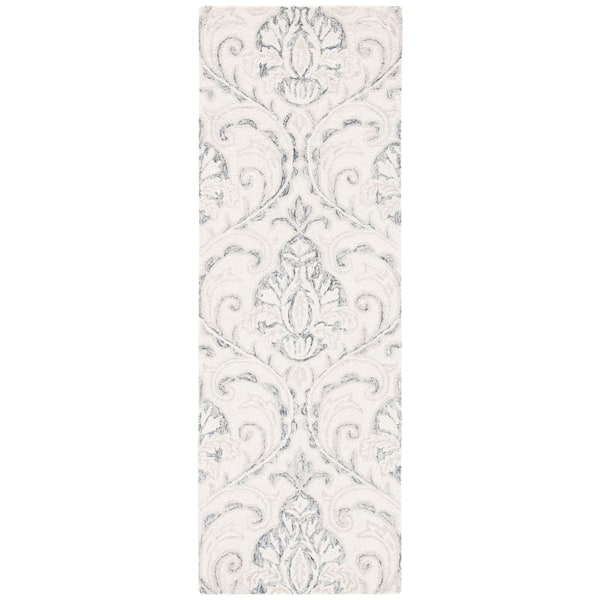 Micro Loop 2 ft. x 13 ft. Ivory/Gray Floral Runner Rug