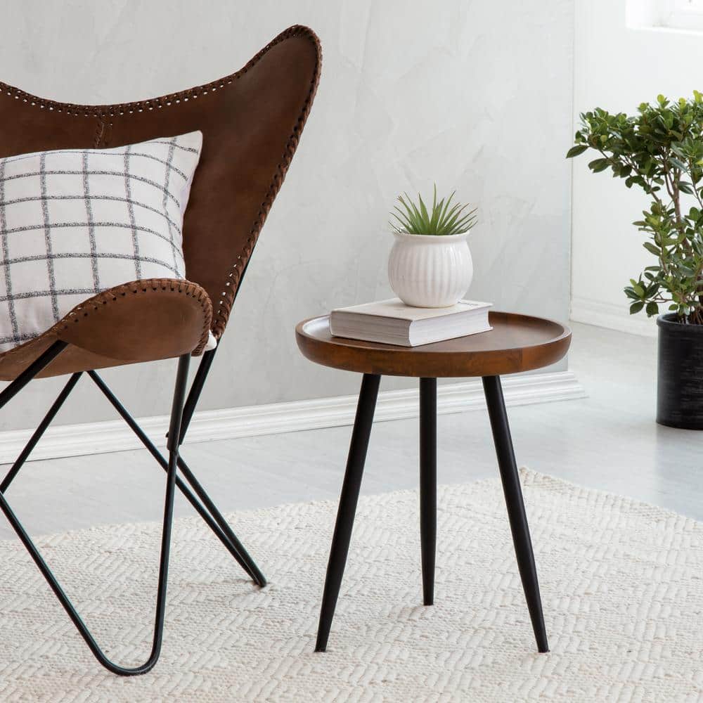 Handcrafted Mango Wood & Metal Round Side Table - 15.75"