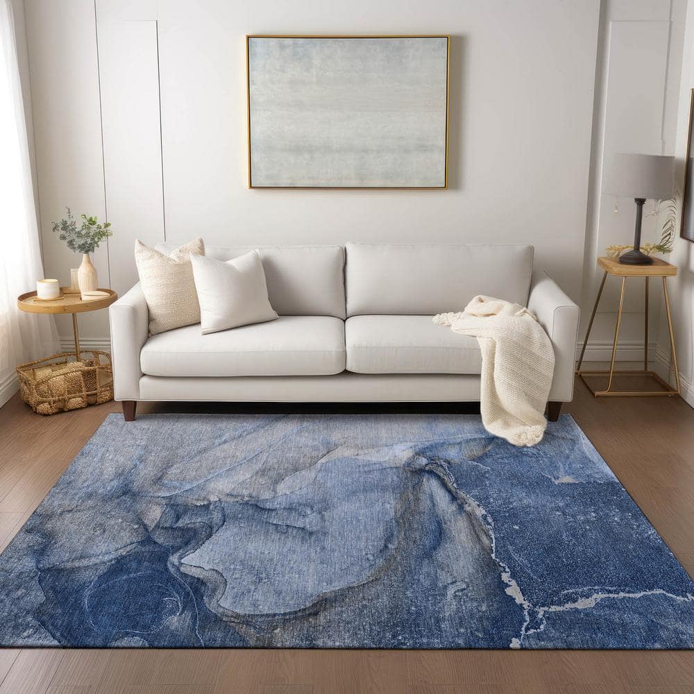 Navy Blue Abstract Synthetic 3'x5' Washable Outdoor Rug