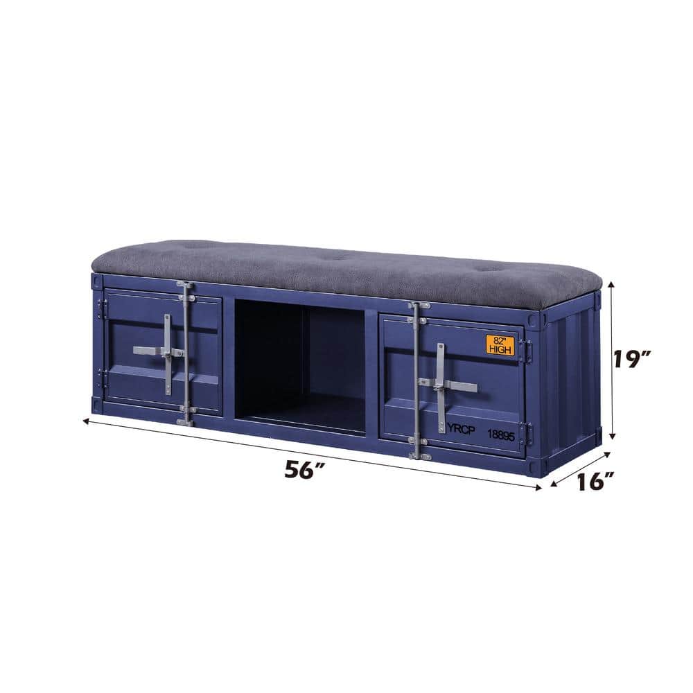 Blue Metal Storage Bench with Gray Fabric Seat