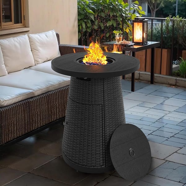 INNUMIA 31.5 in. Black Wicker Propane Fire Pit Table, 40,000 BTU Outdoor Firepit with Lid, Round Bar Height