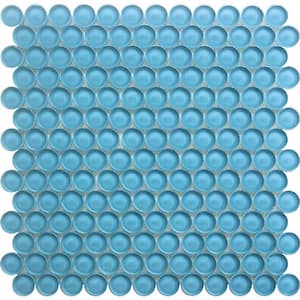 Sea Blue 12 in. x 12 in. Penny Round Polished Glass Mosaic Tile (5-Pack) (5 sq. ft./Case)