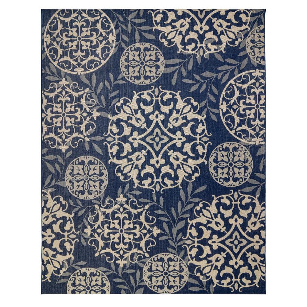 Gertmenian & Sons Paseo Emilia Navy/Grain 5 ft. x 7 ft. Medallion Indoor/Outdoor Area Rug