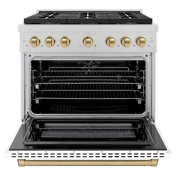 Autograph 36 in. 5.2 cu. ft. Dual Fuel Range with 6 Burner Cooktop in Satin Stainless Steel with White and Champagne
