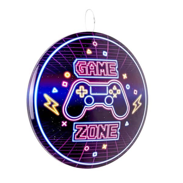 American Art Decor Dome Shaped Metal Wall Art Sign-Arcade, Man Cave, Garage, Game Room, Bedroom (Game Zone)Purple/Yellow, 15" H x 15" L