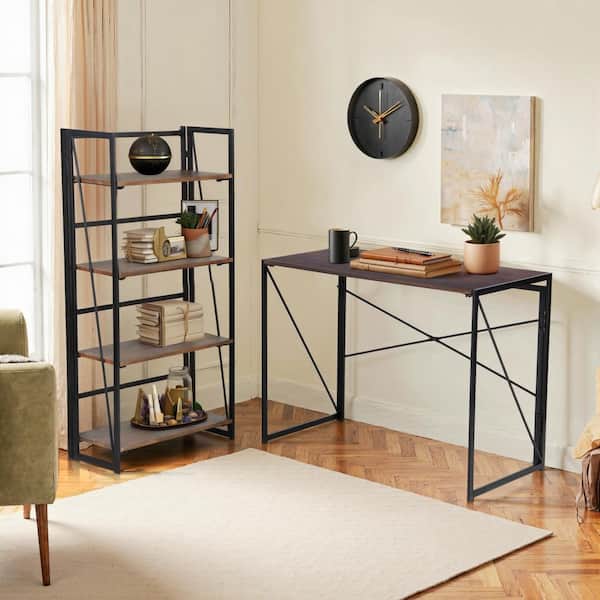 BAH Foldable 39.37 in. W Desk and Bookcase Set, Industrial Style with Sturdy Steel Frame, Spacious Storage