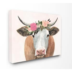 24 in. x 30 in. "Springtime Flower Crown Farm Cow with Horns" by Artist Victoria Borges Canvas Wall Art