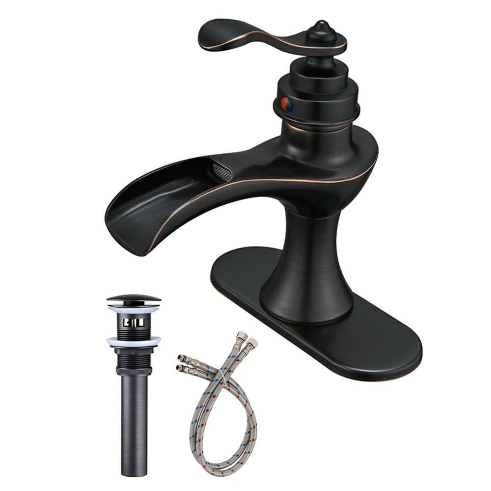 Single Handle Single Hole Waterfall Bathroom Faucet with Pop-Up Drain Brass