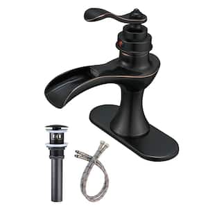 Single Handle Single Hole Waterfall Bathroom Faucet with Pop-Up Drain Brass Bathroom Sink Taps in Oil Rubbed Bronze