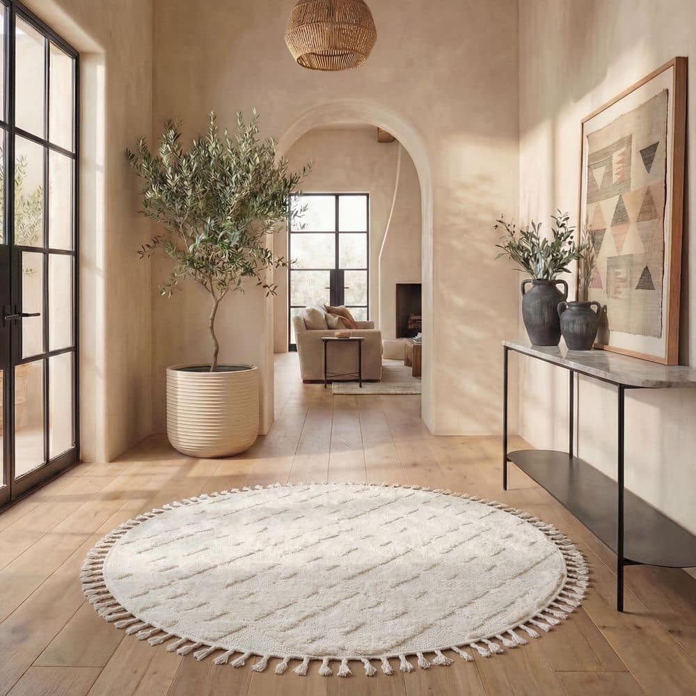 SAFAVIEH Moroccan Tassel 7 ft. x 7 ft. Ivory Geometric Round Rug