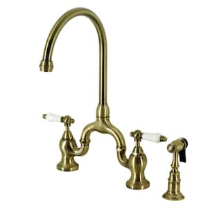 English Country Double-Handle Deck Mount Gooseneck Bridge Kitchen Faucet with Brass Sprayer in Antique Brass