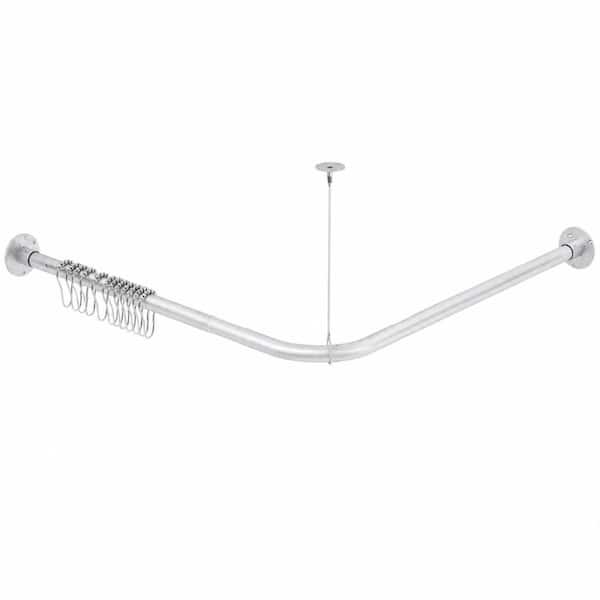 Adjustable L-Shaped Corner Shower Curtain Rod with Ceiling Support, 90-Degree, Silver Finish