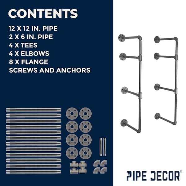 1/2 in. x 11.75 in. D x 35 in. H Black Steel Pipe Wall Mounted 3-Tier Shelf Kit 1/2 in. x 11.75 in. D x 35 in. H Black Steel Pipe Wall Mounted 3-Tier Shelf Kit