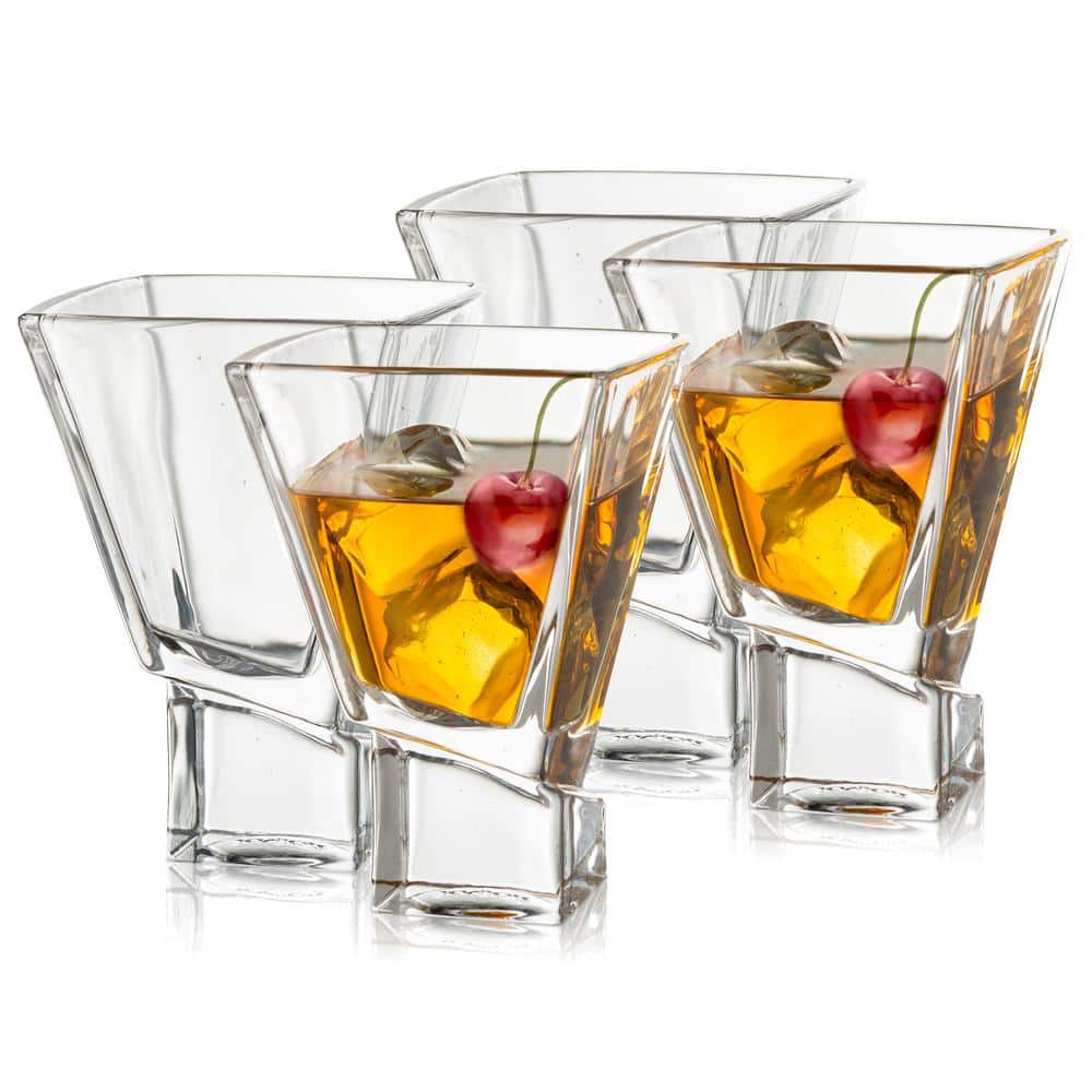 JoyJolt Carre Square Whiskey Glass 10 oz. Cocktail Tumbler Glass (Set of 2)  Unique Elegant Off Base Design 