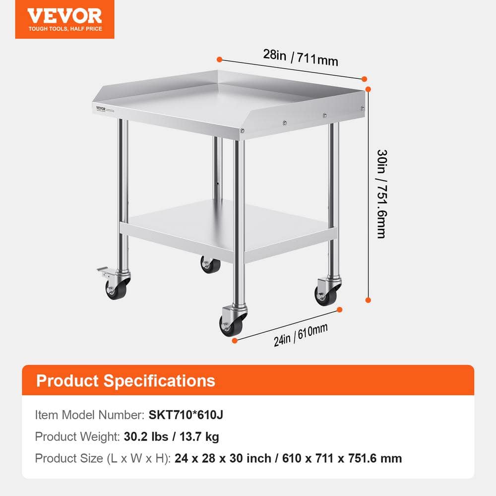 VEVOR Stainless Steel 28'' Adjustable Portable Work Table with Wheels
