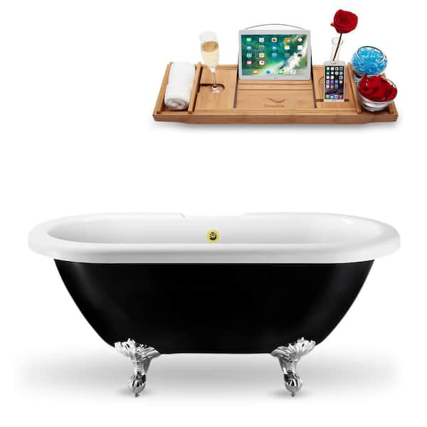 Streamline 59.1 in. Acrylic Clawfoot Non-Whirlpool Bathtub in Glossy Black With Polished Chrome Clawfeet And Polished Gold Drain