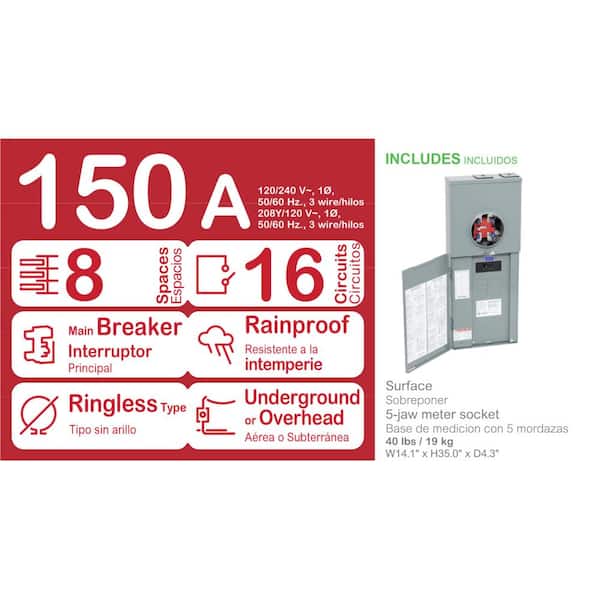 Homeline 150 Amp 8-Space 16-Circuit Outdoor Ringless-Horn Overhead/Underground Main Breaker CSED