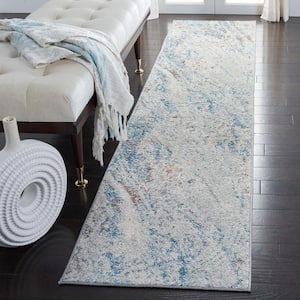 Tulum Ivory/Blue 2 ft. x 9 ft. Abstract Rustic Distressed Runner Rug