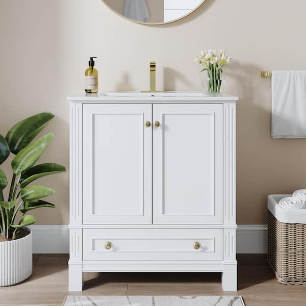 30 in. White Rubber Solid Wood Plywood Bath Vanity with White Ceramic Top Soft-Close Door Drawer