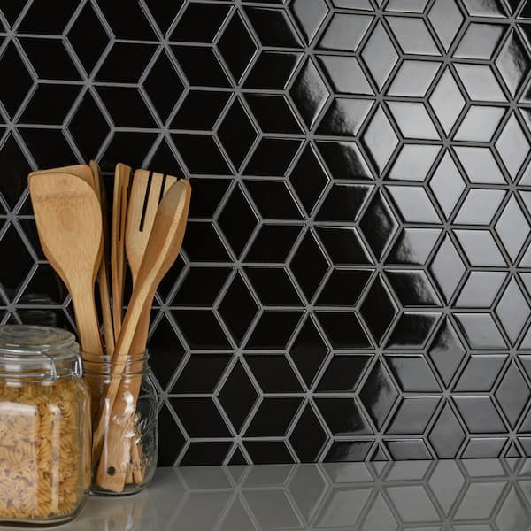 Metro Rhombus Glossy Black 10-1/2 in. x 12-1/8 in. Porcelain Mosaic Tile (9.0 sq. ft./Case)