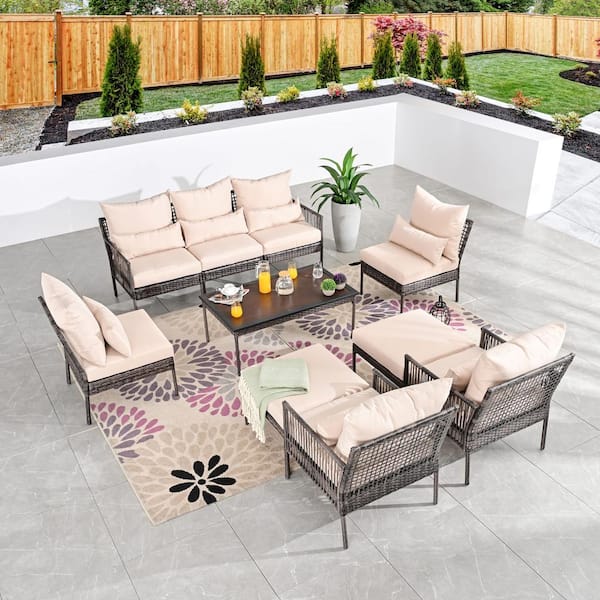 Patio Festival 10-Piece Wicker Outdoor Conversation Set with Beige Cushions