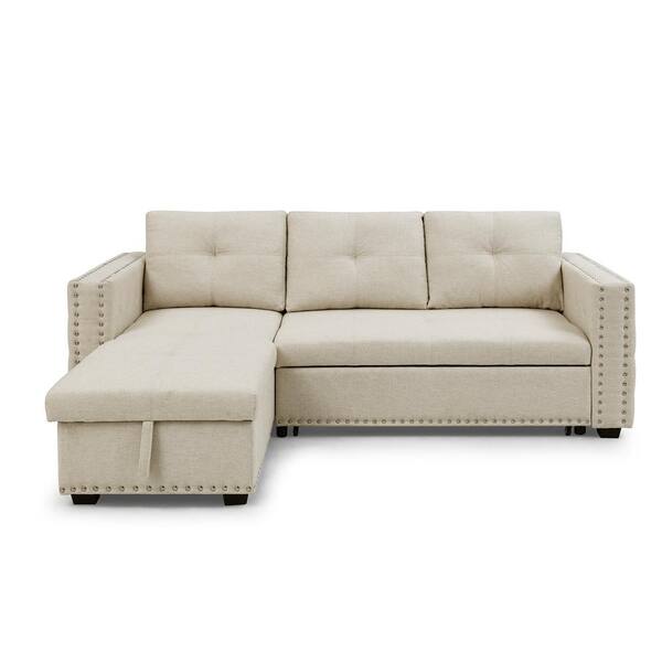 ATHMILE 91 in W Square Arms L Shaped polyester fabric Sectional Sofa in Beige