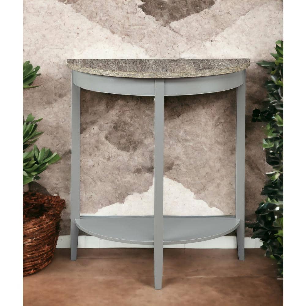 Contemporary Demilune Wooden Console Table with Open Shelf in Gray Oak