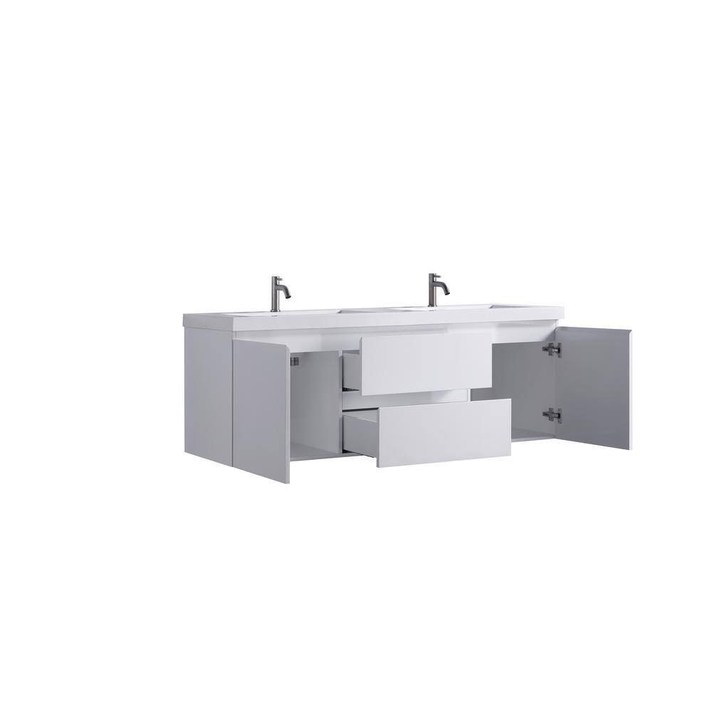 60" White Double Sink Floating Vanity with Resin Top