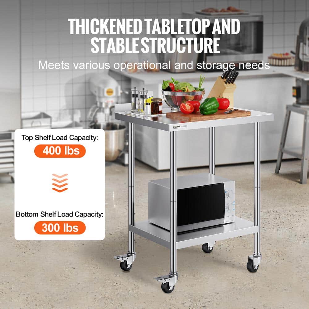 Silver Stainless Steel Adjustable Height Kitchen Prep Table with Casters