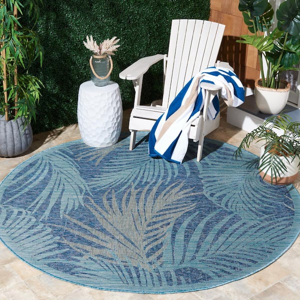 Courtyard Aqua/Navy 7 ft. Round Border Palm Leaf Indoor/Outdoor Area Rug