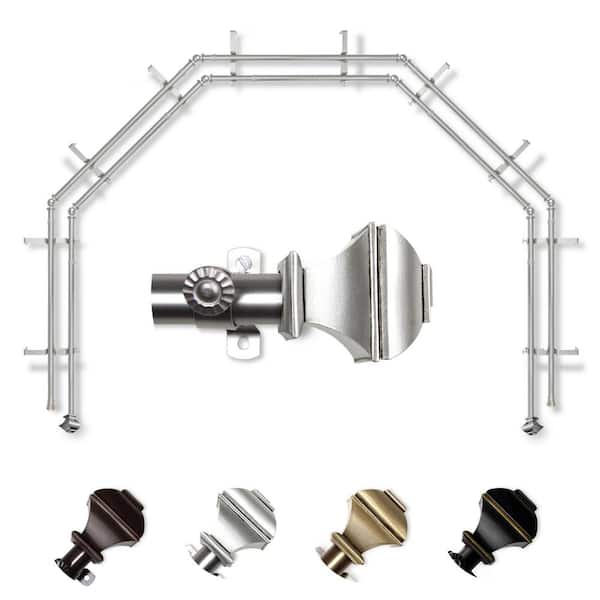 EMOH 13/16" Dia Adjustable 5-Sided Double Bay Window Curtain Rod 28 to 48" (each side) with Julianne Finials in Satin Nickel